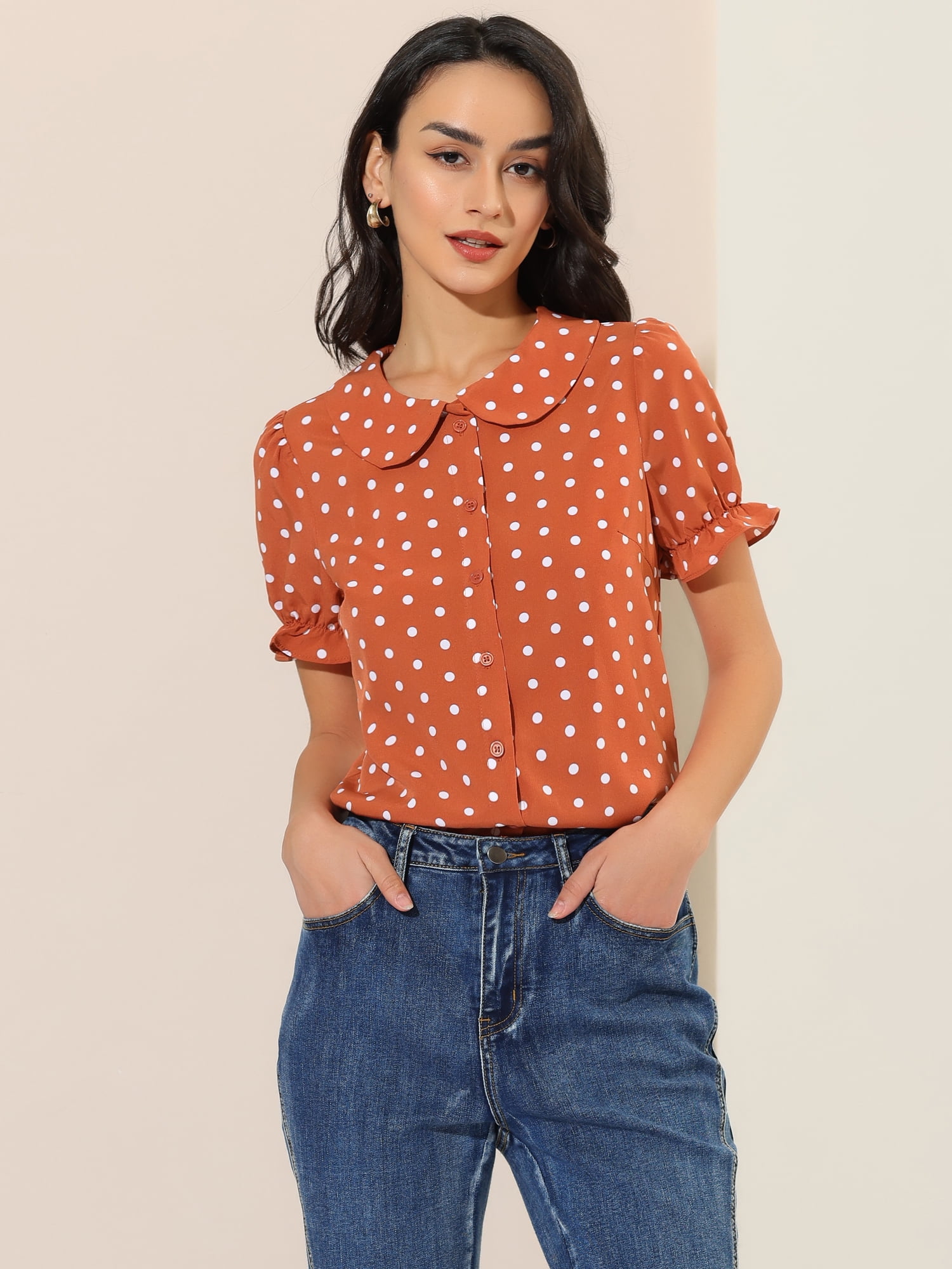 DARING DIVA Women's Polka Dots Doll Collar Puff Short Sleeve Shirts L Orange Red