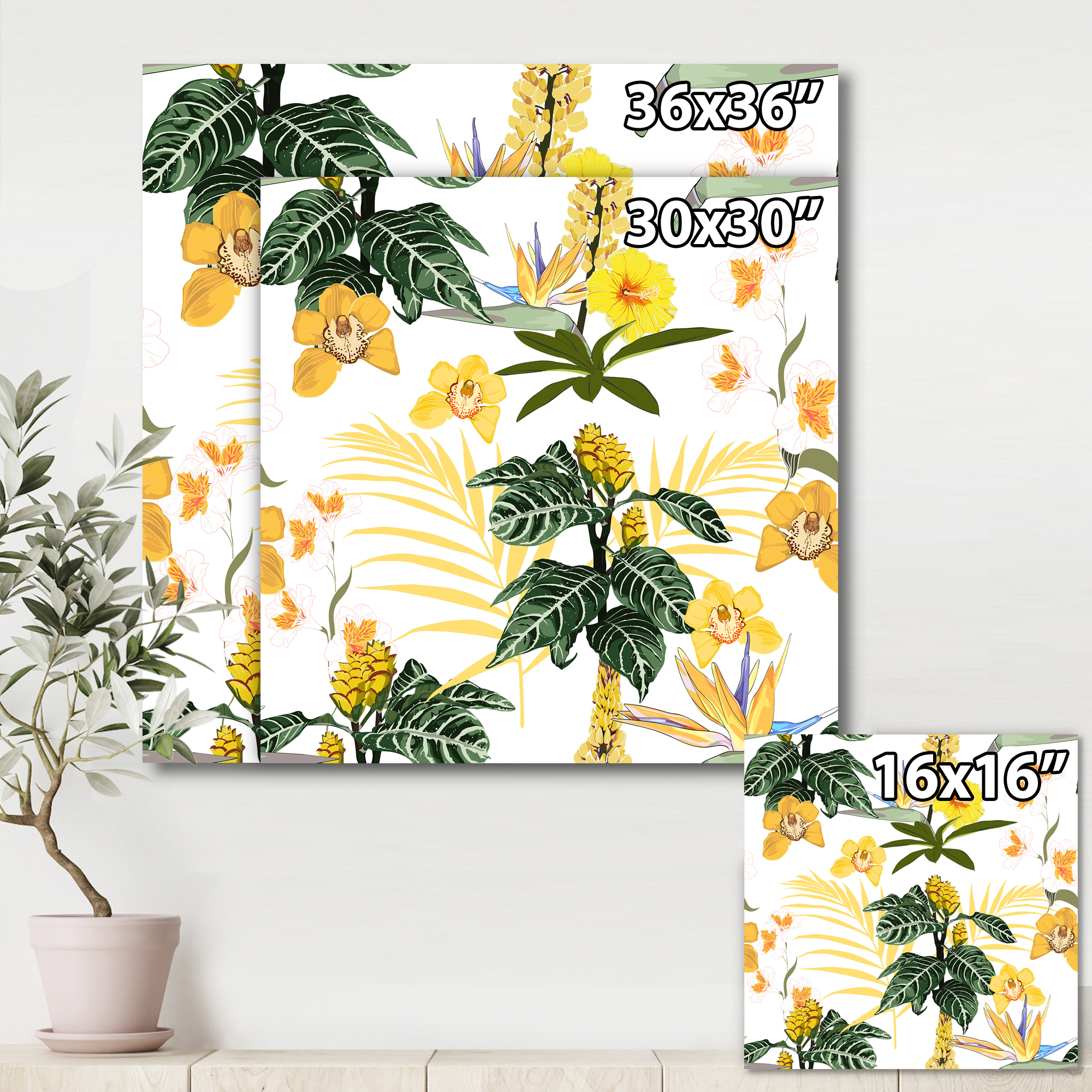 Pattern Of Beautiful Yellow Flowers 30 in x 30 in Painting Canvas Art Print, by Designart