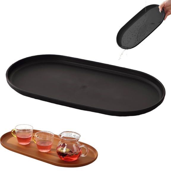 Black Wood Grain Serving Tray Non Slip Tea Coffee Snack Tray Rectangular Plastic Food Serving Plate with Raised Edges for Kitchen Home Restaurant Café 9.5x5.1 In