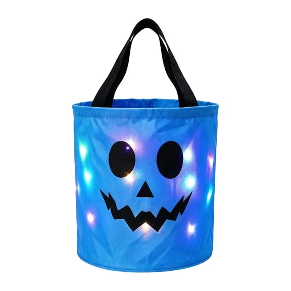 LED Light Up Halloween Bucket, Halloween Treating Basket, Pumpkin Face Candy Pail, Portable Halloween Tote with Handle, Pumpkin Treat Carrier, Reusable Goody Gift Tote Bag for Party Favor Supplies