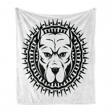 Pitbull Soft Flannel Fleece Blanket, Abstract Illustration Portrait of Aggressive Fighting Dog on Spiky Round Motif, Cozy Plush for Indoor and Outdoor Use, 70" x 90", Black and White, by Ambesonne