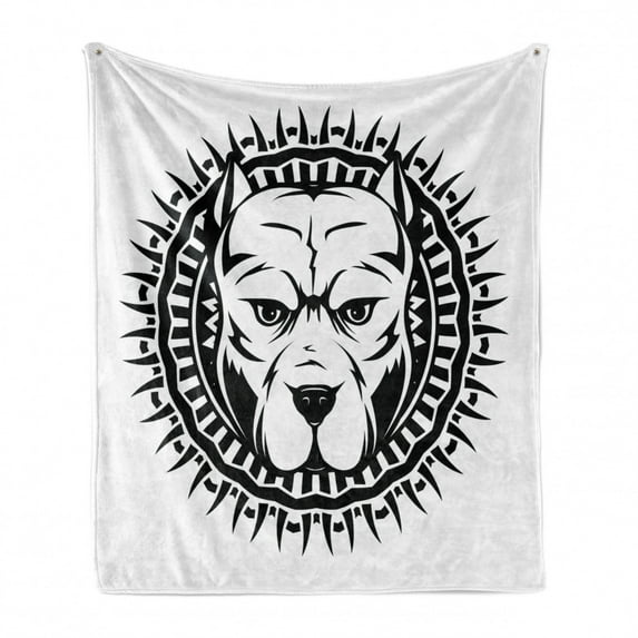 Pitbull Soft Flannel Fleece Blanket, Abstract Illustration Portrait of Aggressive Fighting Dog on Spiky Round Motif, Cozy Plush for Indoor and Outdoor Use, 70" x 90", Black and White, by Ambesonne