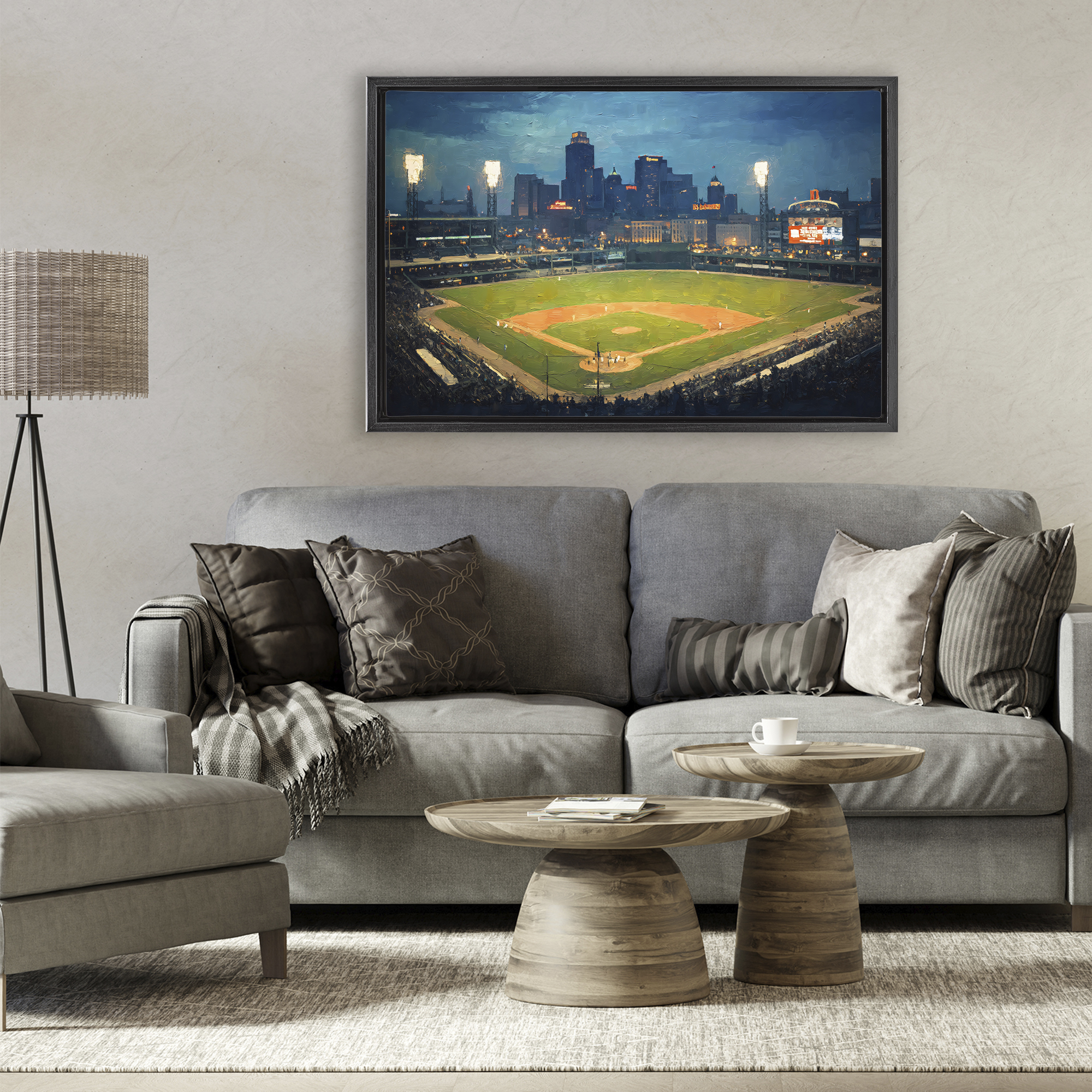 Baseball Stadium at Night Black Framed Floater Canvas Wall Art, design by Arlington Prints