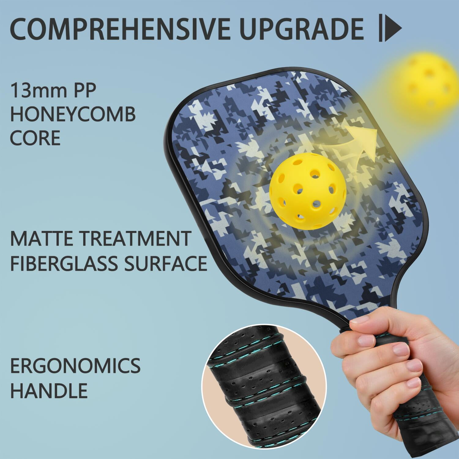 Pickleball Paddles Set Of 1, Fiberglass Surface, Camouflage Print, 1 Paddle, 2 Balls & Bag