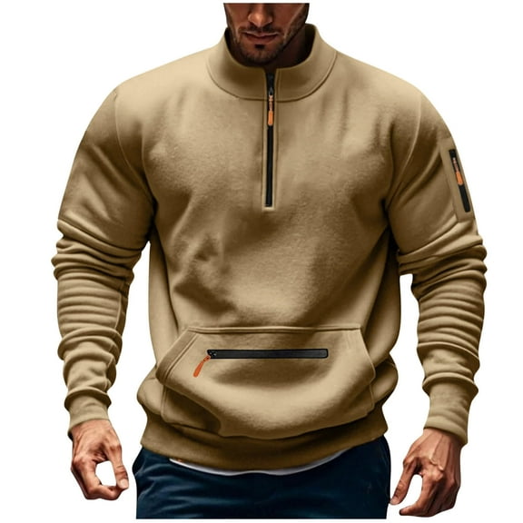 Chiccall Men's Sweatshirts Long Sleeve Quarter-Zip Stand Collar Workout Gym Pullover Tops Fashion Outdoor Cargo Sweatshirts with Pocket