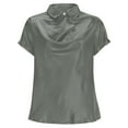 thumbnail image 6 of dazeni Women's Elegant Cowl Neck Satin Shirts Smooth Short Sleeve Lapel Business Blouses Casual Office Work Dressy Tops Army Green Small, 6 of 8
