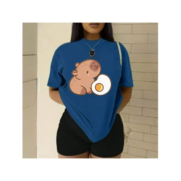 Playera Blusa De Capybara Comiendo Un Huevo Estrellado Capibara Ropa Para Mujer Divertida Color Azul Talla Chica Marca Emil SaEs