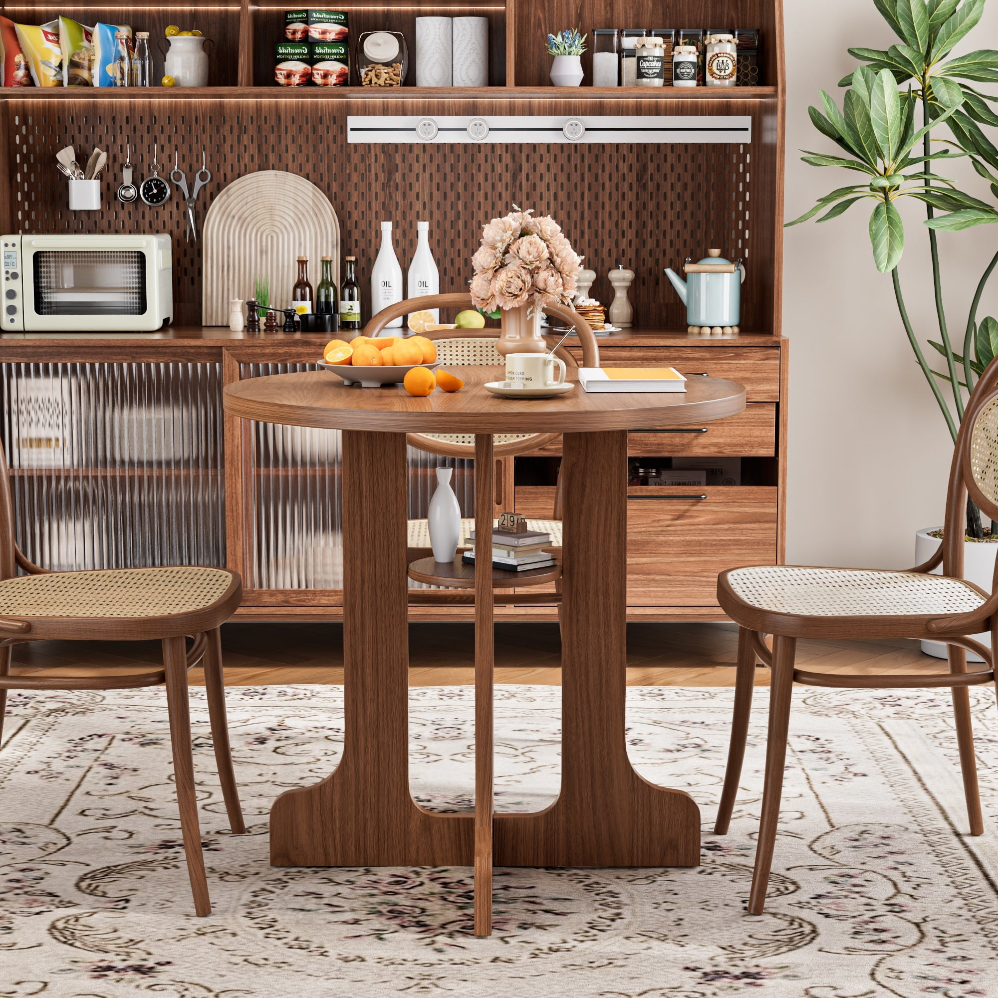 31.5 Inch Round Dining Table for 2-4, Modern Kitchen Table with Storage Shelf, Small Dining Room Table for Living Room, Walnut