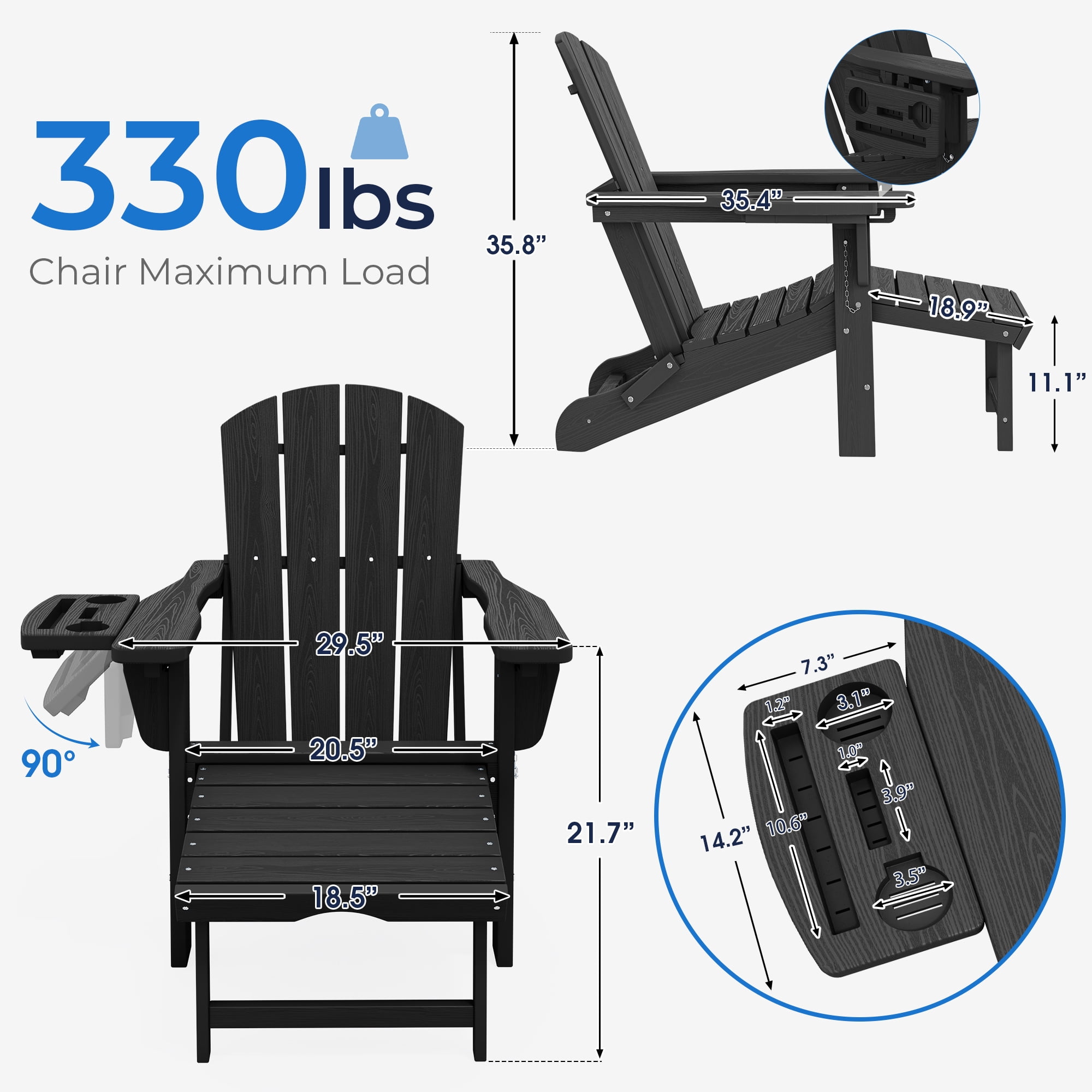 KINGYES Folding Adirondack Chair set of 2, Adjustable Backrest with Pull-Out Footrest & 4-in-1 Mobile Phone, Tablet, Cup Holder Tray, HDPE Plastic Adirondack Chair for Patio Garden Outdoors Fire Pit