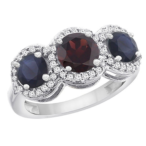 10K White Gold Natural Garnet & High Quality Blue Sapphire Sides Round 3-stone Ring Diamond Accents, size 8.5