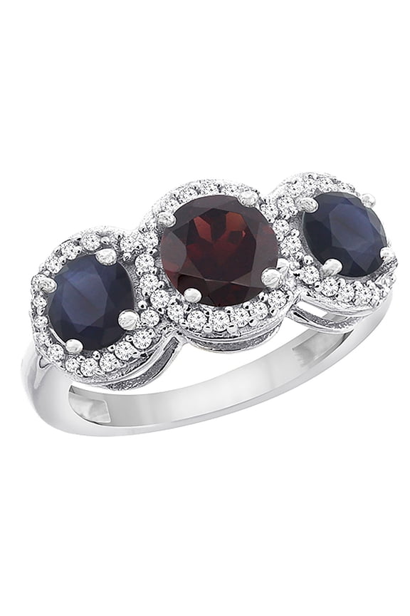 14K White Gold Natural Garnet & High Quality Blue Sapphire Sides Round 3-stone Ring Diamond Accents, size 9