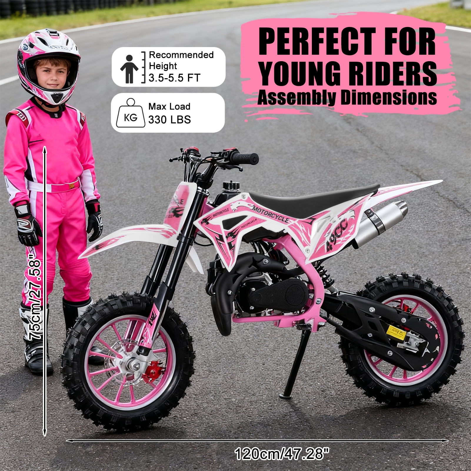 Fompes Dirt Bike, 49cc 2-Stroke Gas Mini Bike for Kids Off Road Mini Motorcycle with Front Fork and Shock Absorption, Up to 25Mph, Pink