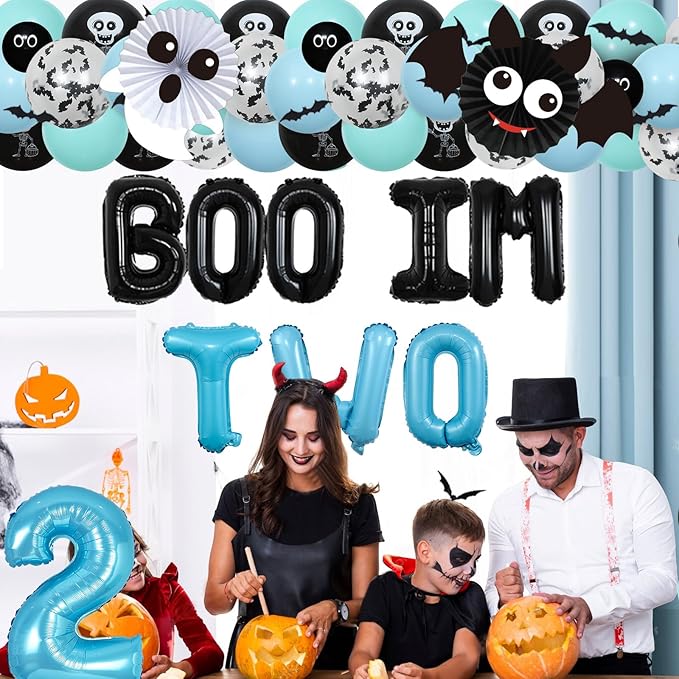 Halloween 2nd Birthday Party Decorations, Boo Im Two Decor Birthday Boy, Blue and Black Balloon Arch Kit, Ghost Number 2 Foil Balloons Bat Halloween Stickers for 2 Year Old Party