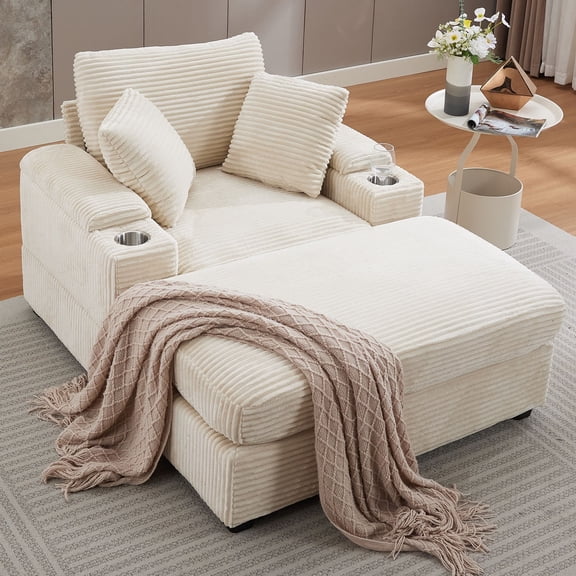 Luckhao Corduroy Deep Reclining Chaise Lounge with Ottoman & Dual Cupholders for Living Room