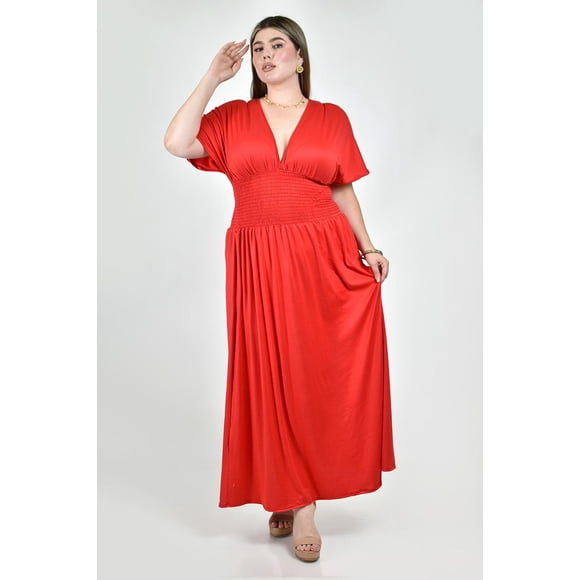 Vestido de cintura smock Roman Fashion /Tallas Extras, 4389 (Rojo) rojo 42