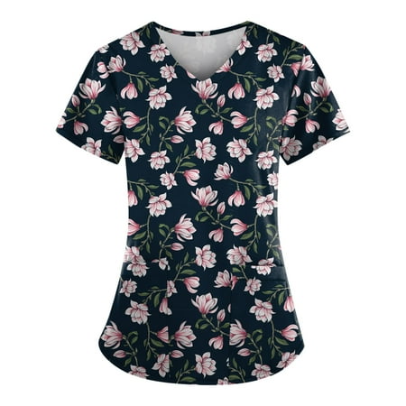 

Apepal Women T-shirt Cute Print Short Sleeve V-neck Top Work Uniform Pocket Scrub Tops