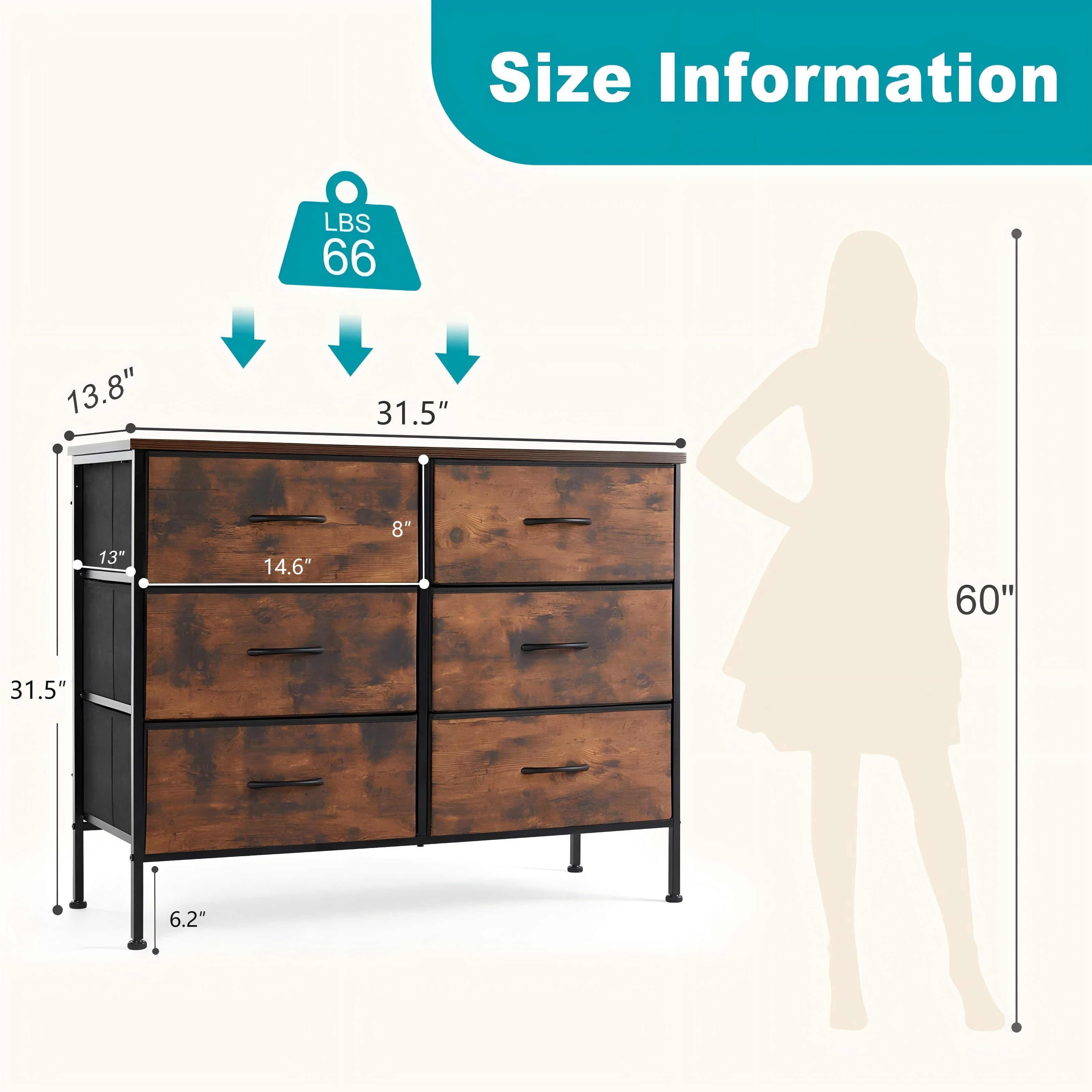 Aidoly Bedroom Dresser, 6 Storage Drawers, Anti-Tip Wide Fabric Closet Chests Organizer Tower Furniture with Wooden Top Metal Frame for Living Room, Hallway, Entryway, Rust