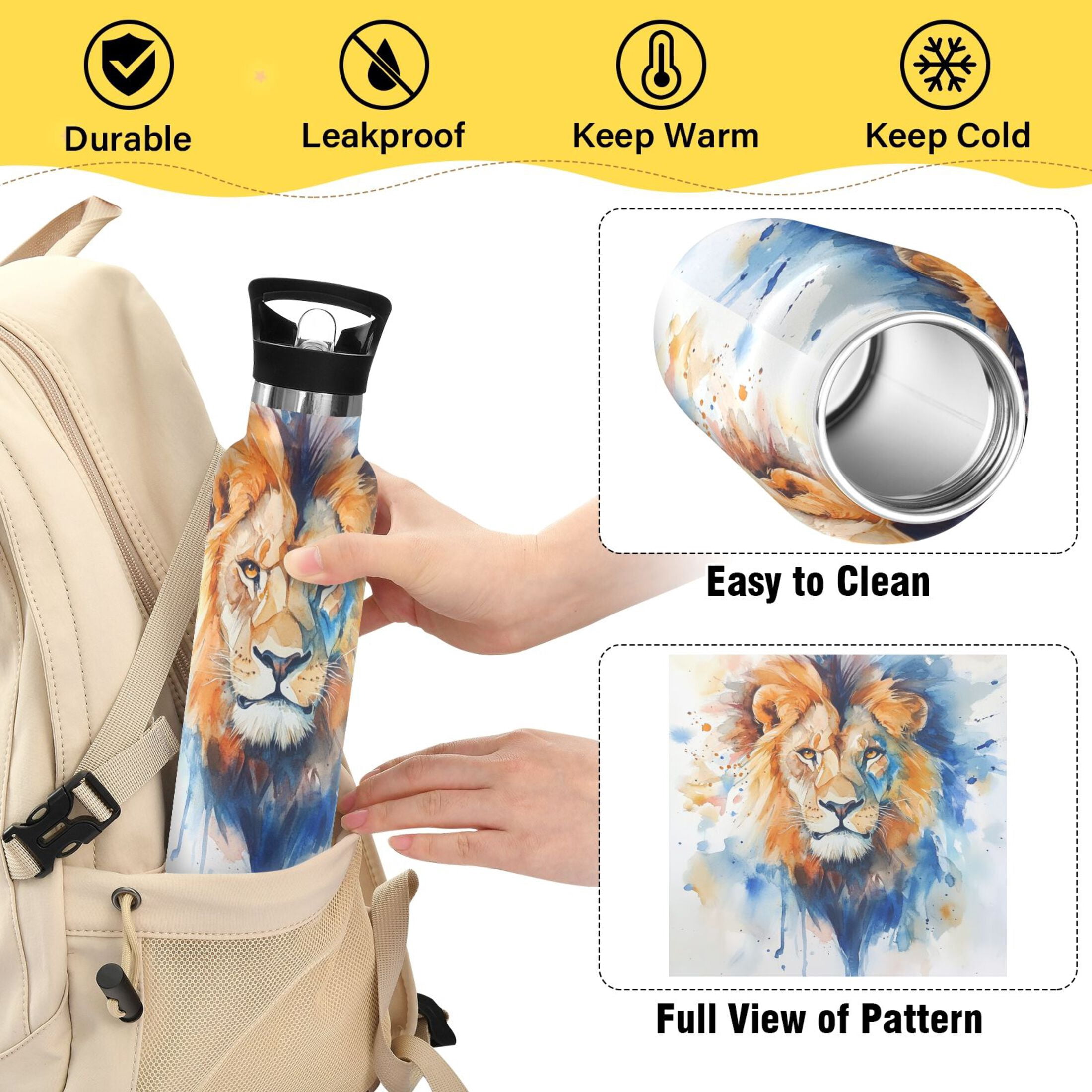 600ML Stainless Steel Insulated Cup Sports Water Bottle Portable Thermos Cup Water Glasses Insulated Tumblers Convenient and Durable Watercolor Lion