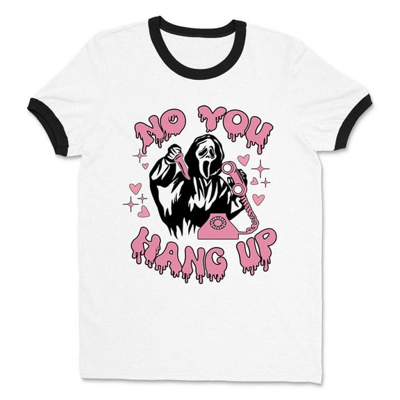 No You Hang up Ghost Ringer Tee Shirt Unisex Large White/Black