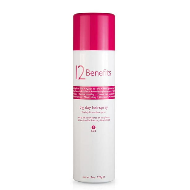 12 Beneficios Laca para el cabello Big Day - Spray de volumen para el cuidado del cabello de larga duración con aceite de argán Vitamina B5 Proteína de seda + Producto de salón Protector del calor Res