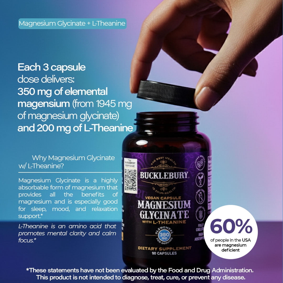 Bucklebury Magnesium Glycinate with L-Theanine Capsules Support Sleep, Bone, and Muscle - 90 Vegan Capsules