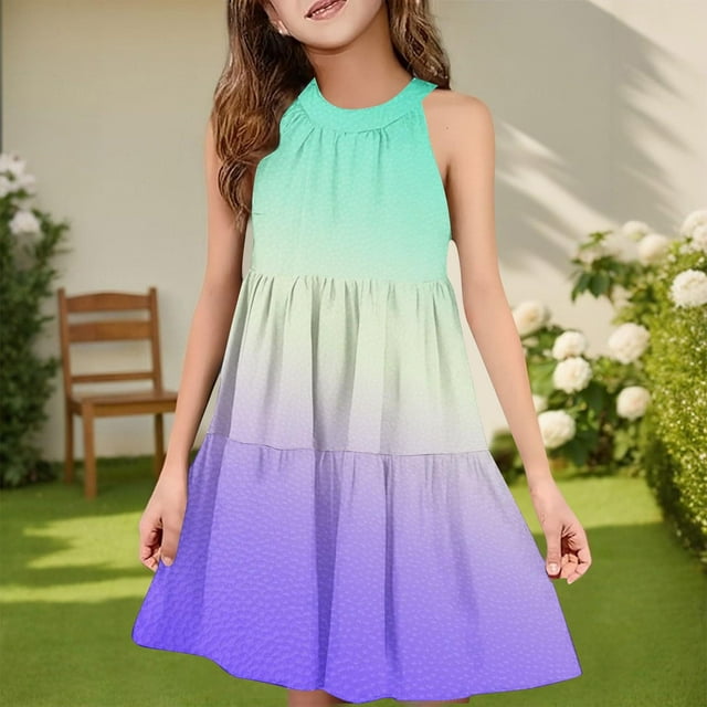 NTACZA Robe de Printemps à Col Haler pour Fille Sans Manches Décontractée Robe d'Été Ombre Plissée Évasée Midi pour Adolescente 150