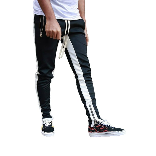 Men Hip Hop Track Pants Teen Boys Slim Fit Athletic Jogger Bottom with Side  Taping Zipper Pockets
