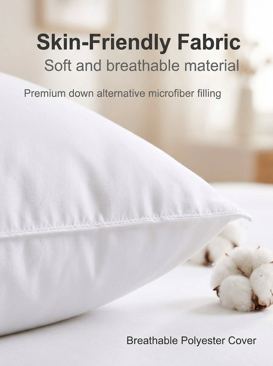 Ultra Thin Flat Bed Pillows Standard Size Set of 2, 20x26 Inch Soft Sleeping Pillows for Back Stomach Sleepers, Machine Washable Skin Friendly, White
