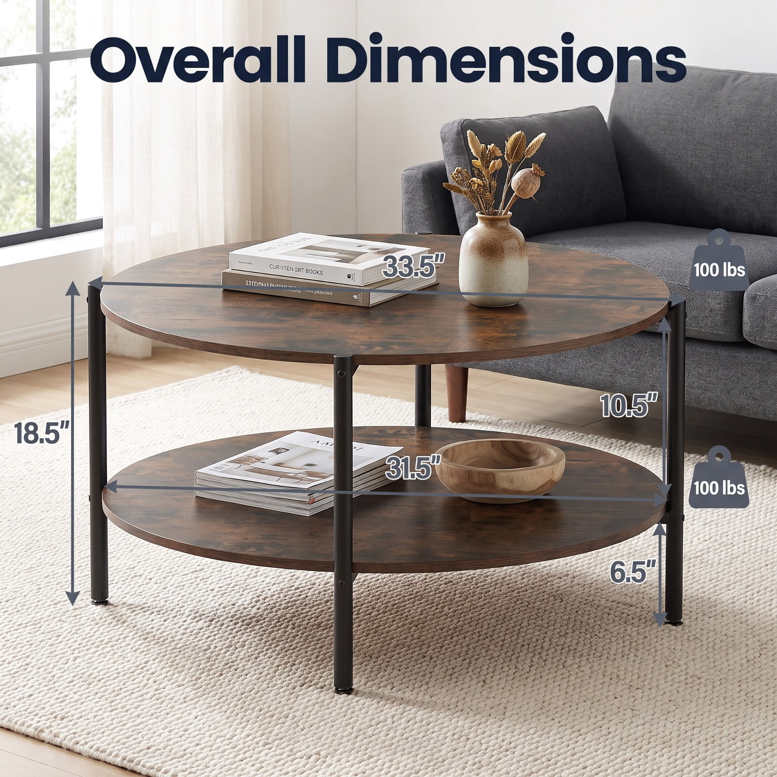 Furnibear Round Industrial Coffee Table 2 Tier Accent Table with Open Storage Shelf for Living Room Rustic Farmhouse, Rustic Brown