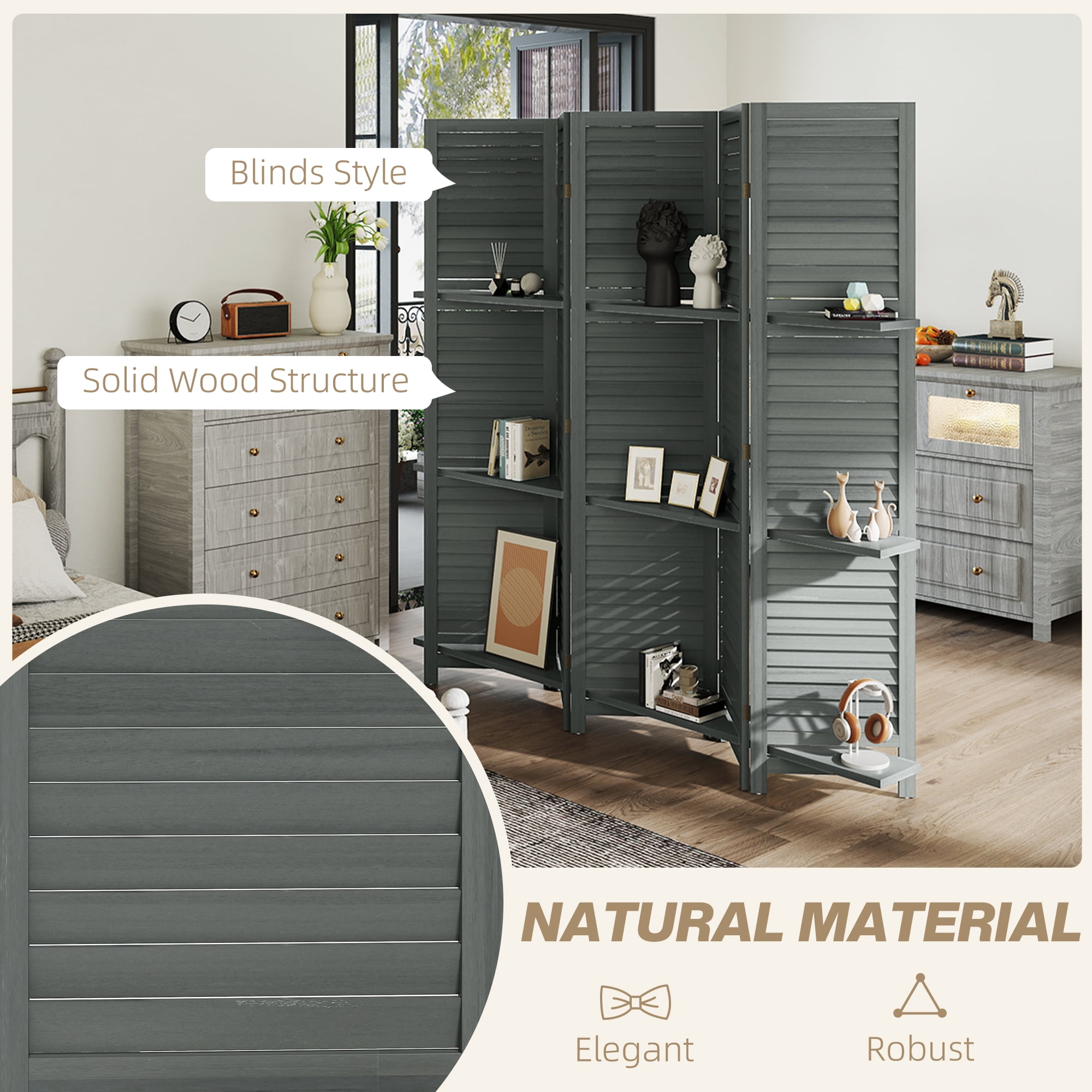 HOMCOM 5 Panel 67" Tall Wood Privacy Screen Room Divider with 3 Display Shelves, and Folding Storage for Bedroom or Home Office, Gray