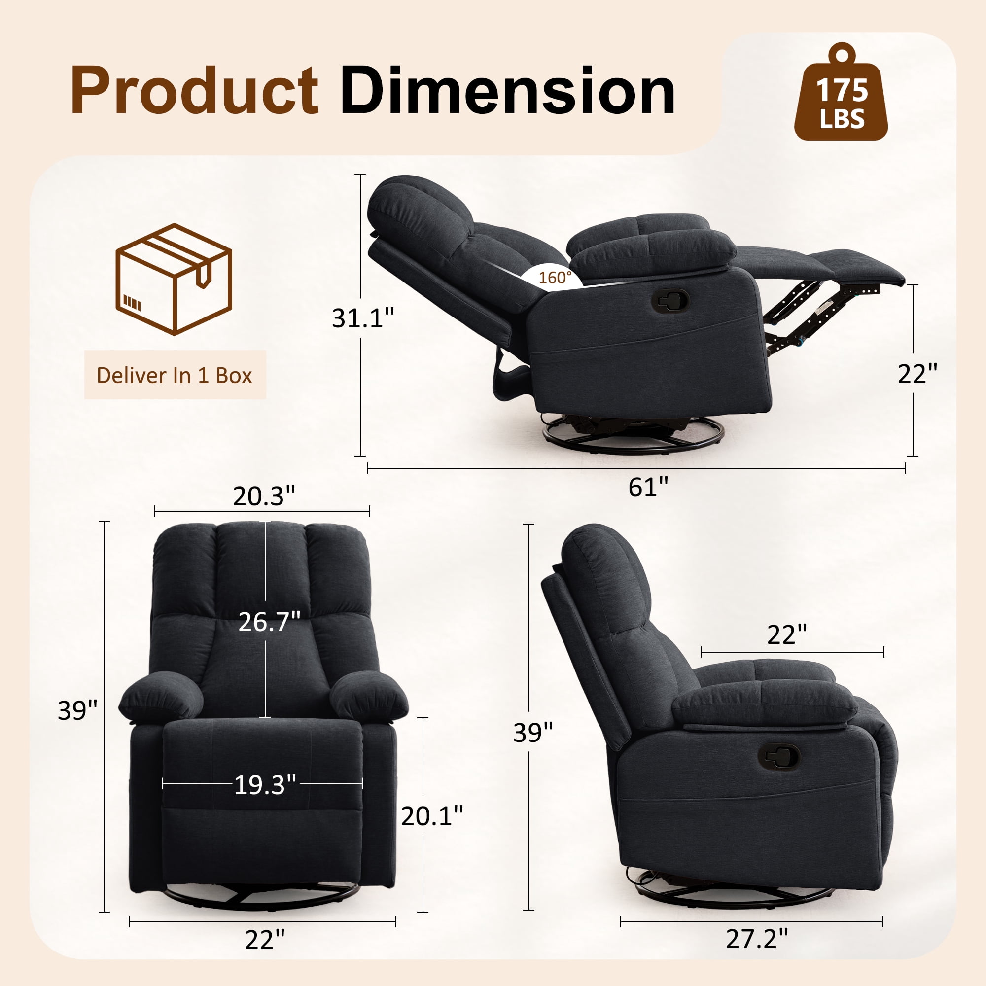 GEEYOO Swivel Rocker Recliner Chair for Adults,360°Swivel Nursery Recliner with Side Pockets,Small Recliner Chair for Small Spaces for Living Room,Linen,Black