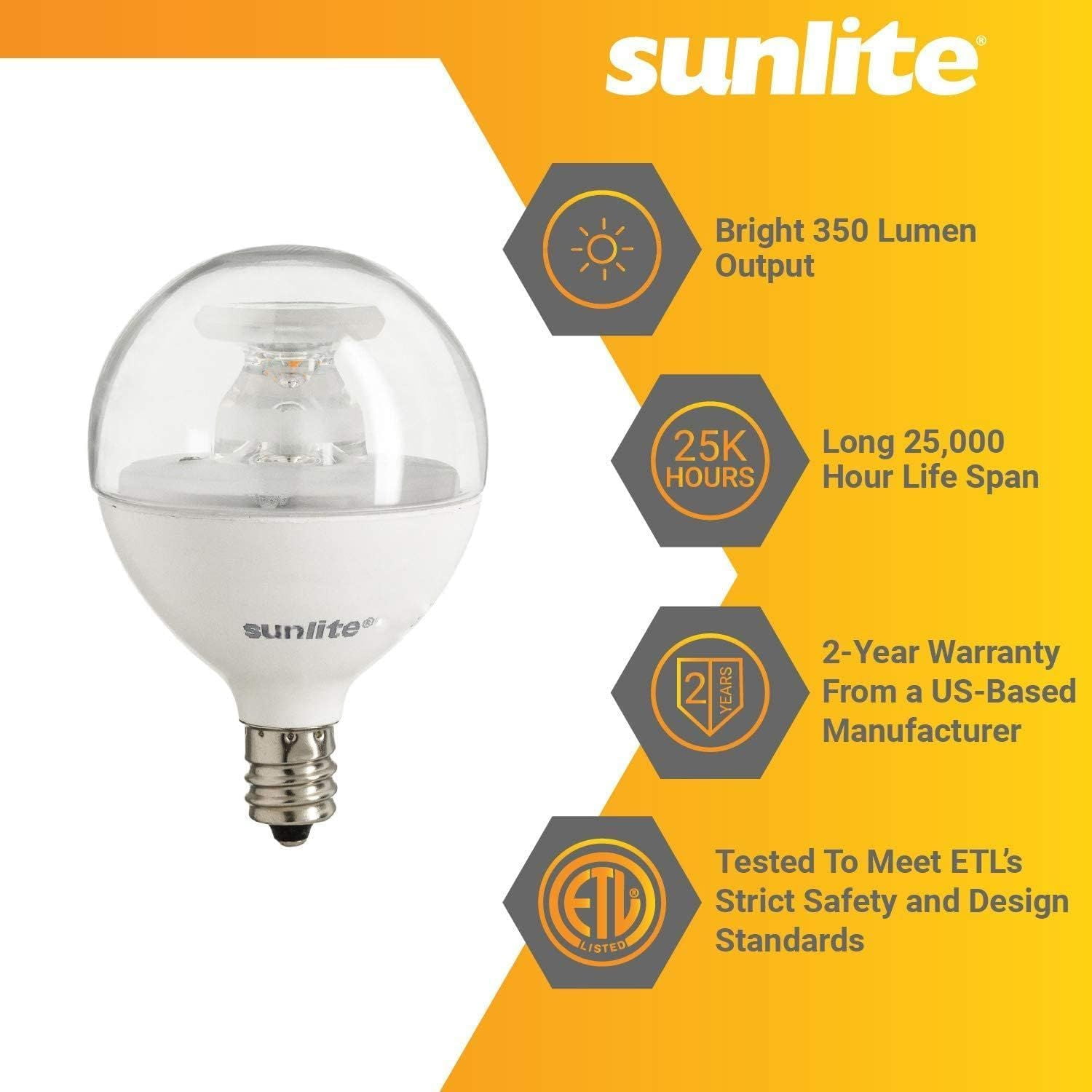 Sunlite LED G16.5 Globe Light Bulb, 5 Watts (40W Equivalent), Candelabra E12 Base, Dimmable, Clear, UL Listed, 2700K Soft White, 6-Pack