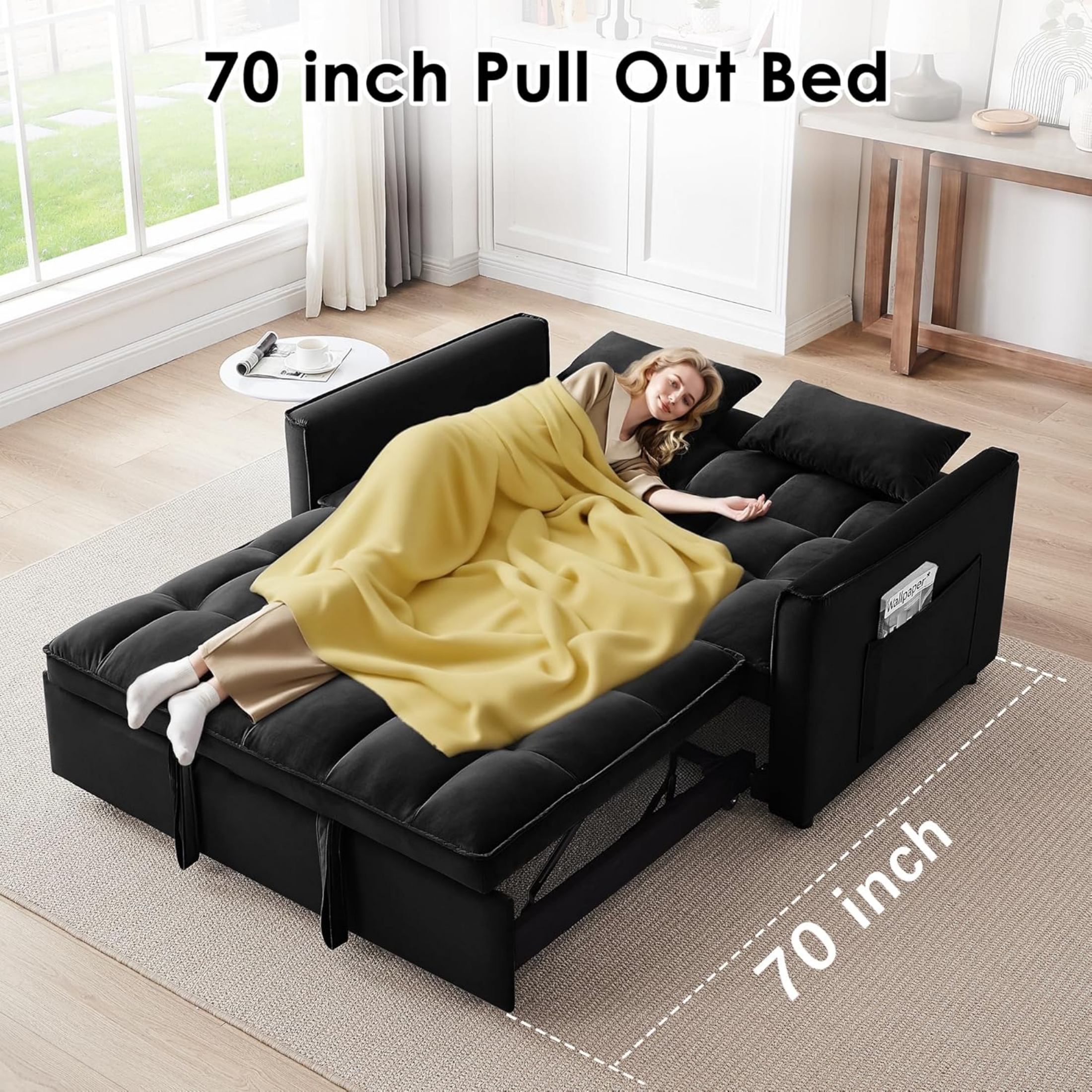 Vinform 54" 3 in 1 Convertible Sleeper Sofa Bed, Pull Out Loveseat Couch with Storage Pocket, Black(Thick Sponge)
