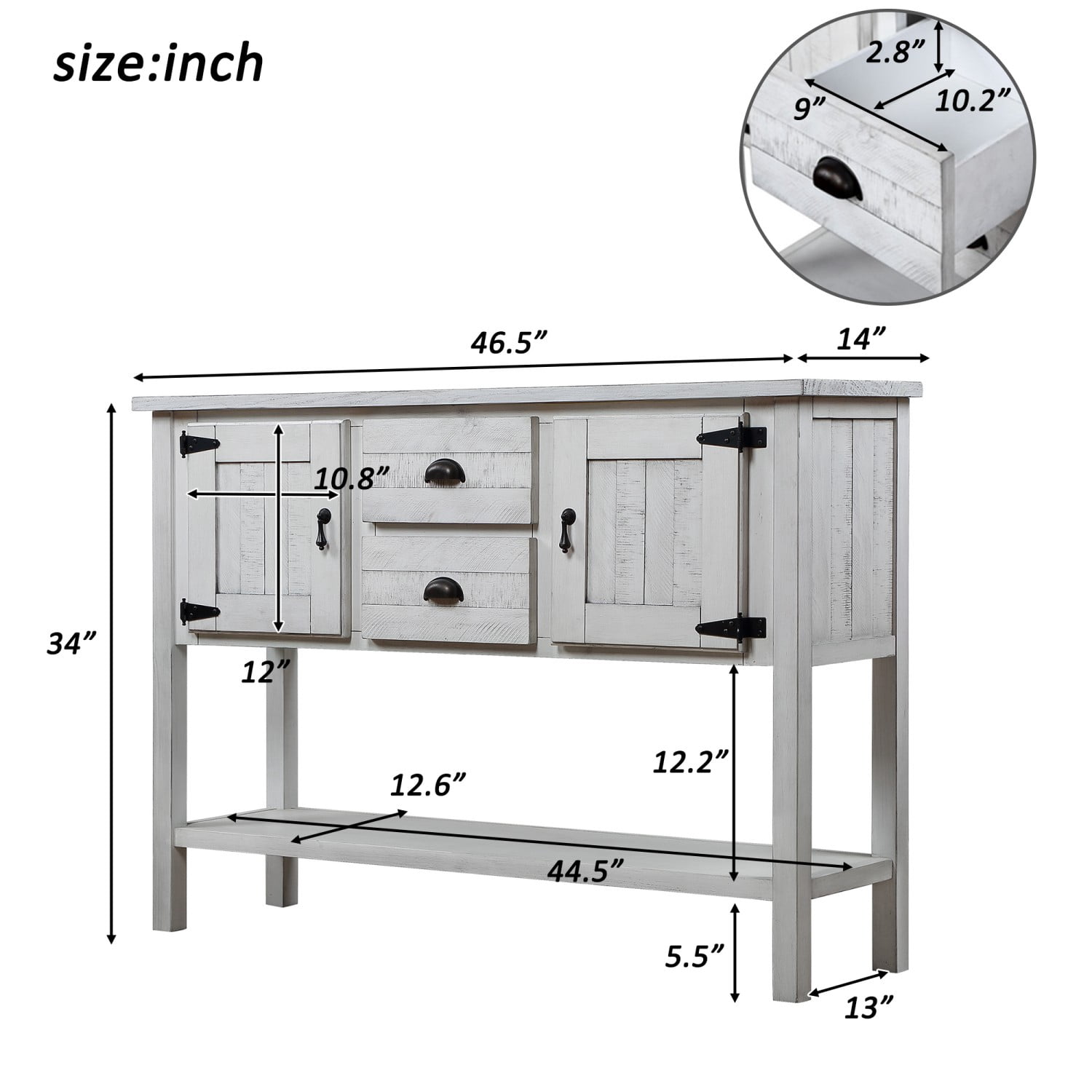 46.5" Solid Wood Sideboard Buffet Cabinet with 2 Drawers, 2 Doors and Bottom Shelf, Retro Console Table Storage Cabinet for Kitchen Dining Room Living Room, Antique White