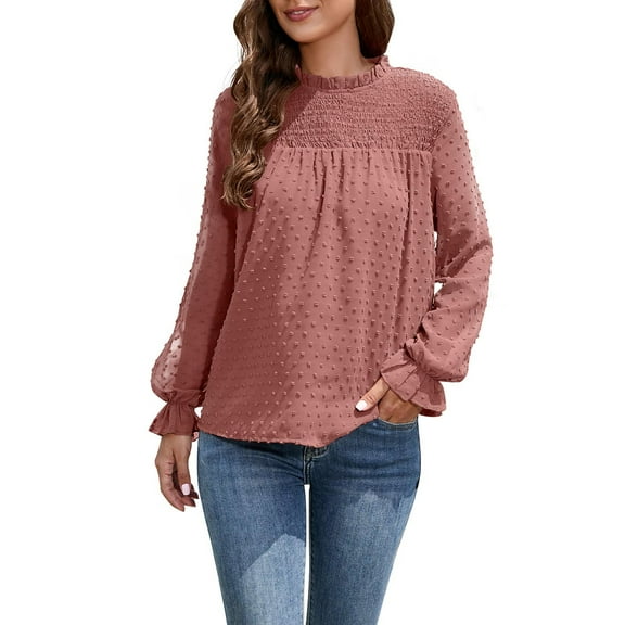 Solid Puff Sleeve Pullover for Women Round Neck Chiffon Tops Autumn Pleated Dots Blouse