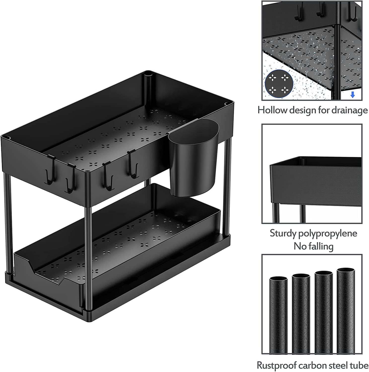 3 Pack Puricon Under Sink Organizer Pull Out Under Sink Storage, 2 Tier Multi-Purpose Sliding Under the Sink Organizer Bathroom Kitchen Sink Organizer Under Cabinet Shelf for Cleaning Supplies -Black