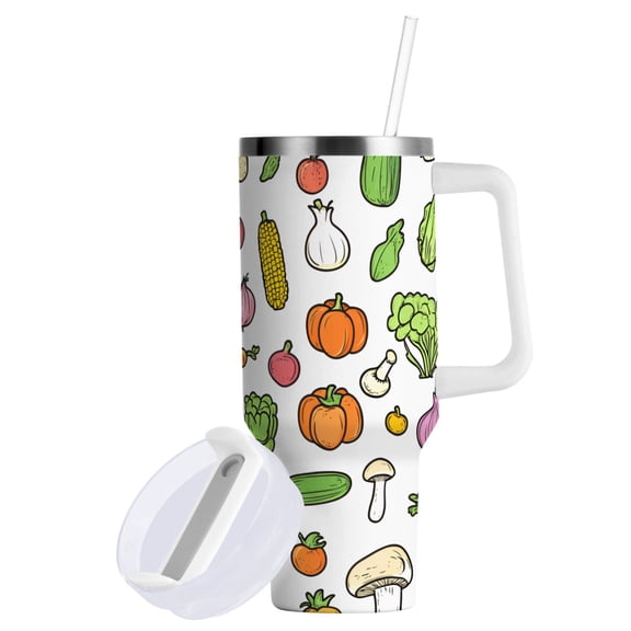 Yayeee 40oz Stainless Steel Tumbler with Straw and Handle Double-Wall Insulated Travel Water Bottle, Green Vegetables Pattern