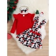 thumbnail image 3 of Bagilaanoe 2Pcs Toddler Baby Girls Christmas Outfits Ribbed Long Sleeve T-shirt Tops + Plaid Santa Claus Print Suspender Skirt + Headband 9M 12M 18M 24M 3T 4T Overalls Dress Set, 3 of 9