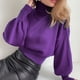 thumbnail image 3 of Suéter casual de moda de cuello alto con mangas abullonadas de color sólido para otoño e invierno para mujer de Europa y América, 3 of 5