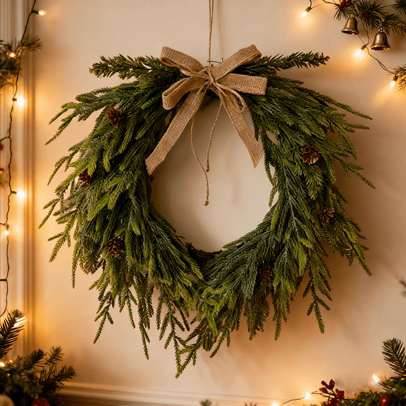 Norfolk Pine Wreath for Front Door, Artificial Christmas Wreaths - Real Touch Green Reef, Christmas Decorations for Window, Wall, Mantel, Outdoor Xmas Holiday Decor