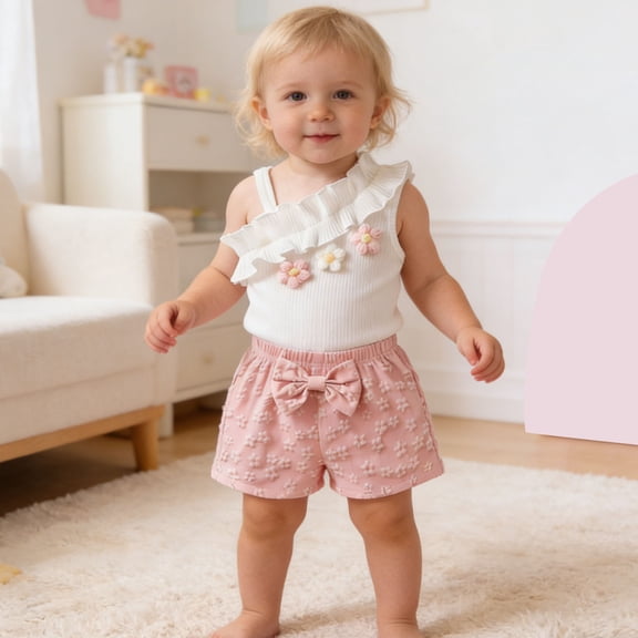Ulitacool Summer Clothes For Girls Short Sleeve Summer Off Shoulder Strappy Floral Top With Bow Shorts Two Piece Toddler Kids Lovely Crewneck Outfits 2-3 Years Pink