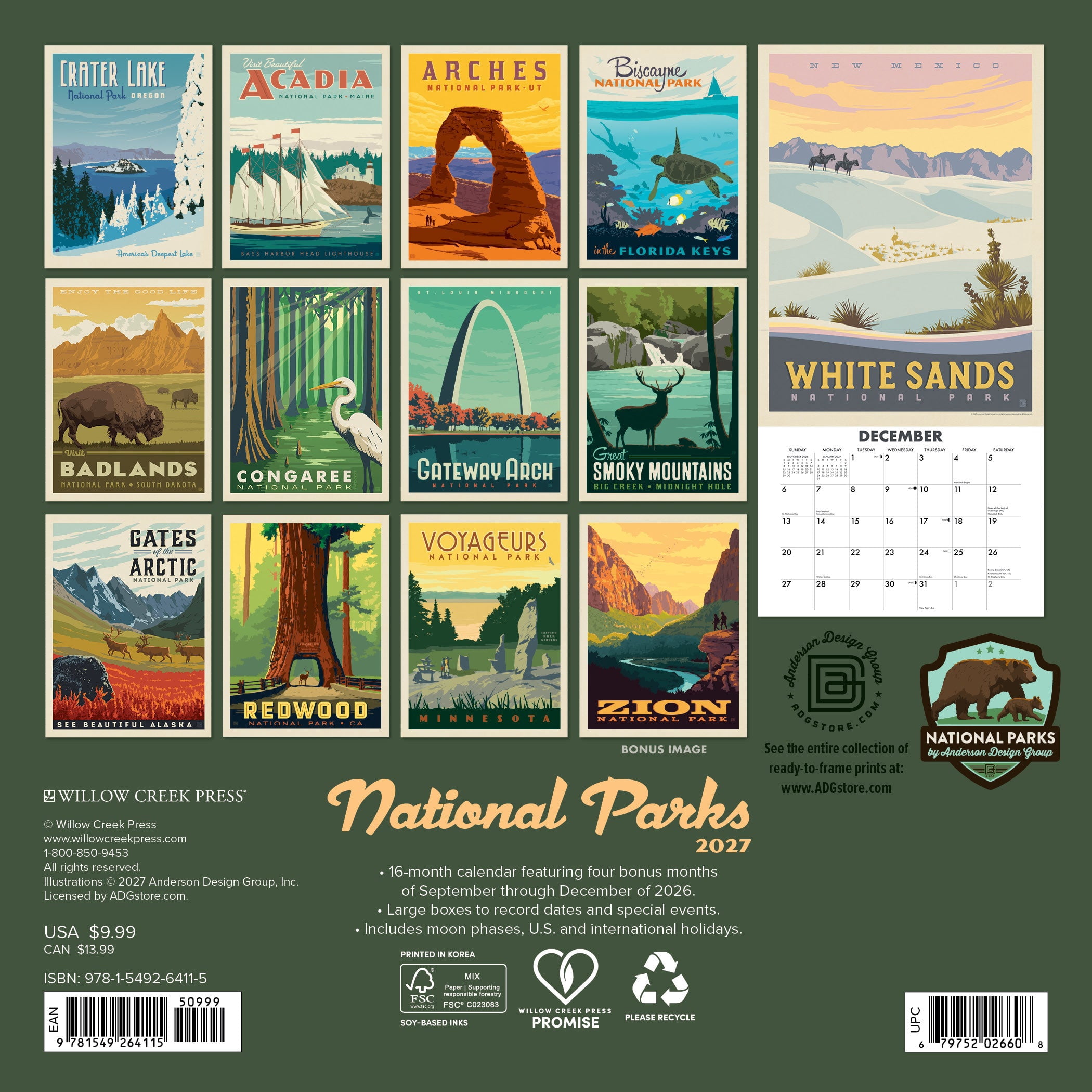 Willow Creek Press, National Parks (ADG) 2027 Mini Wall Calendar
