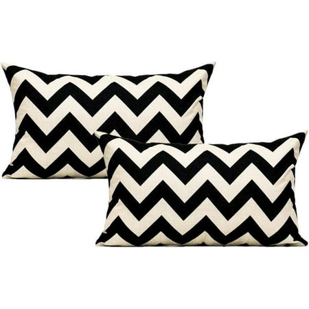 2-Pack FallBlack Tan Decorative Throw Pillow Case Accent Cushion Covers Outdoor Suqare Cotton Linen 12×20 for Sofa Paito Couch Bed Room Zig Zag