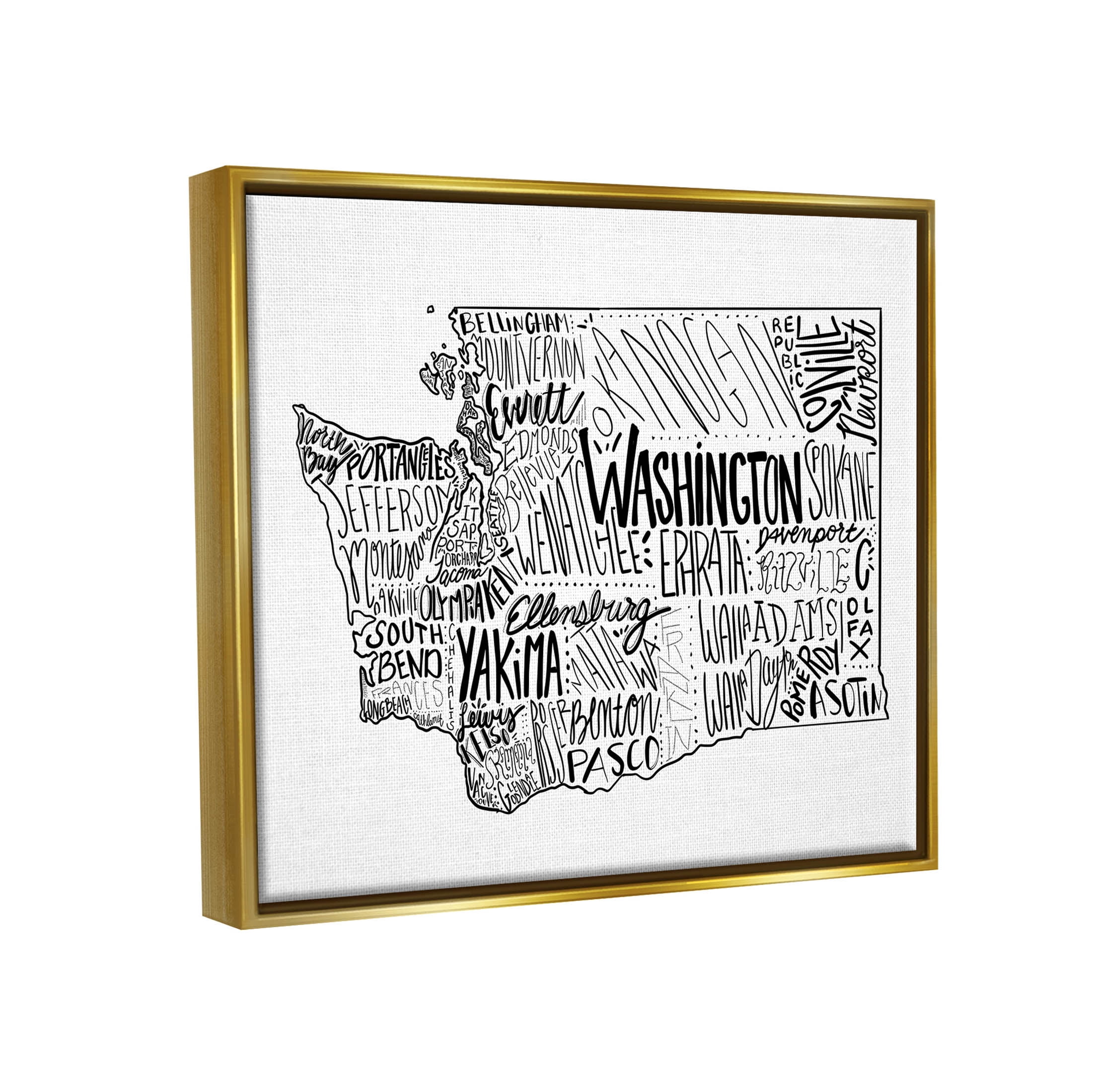 Stupell Industries Washington State Cities Text Graphic Art Metallic Gold Floating Framed Canvas Print Wall Art, Design by The Saturday Evening Post