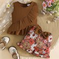 thumbnail image 2 of Xudanell Newborn Baby Girl Clothes Cute Solid Color Short Sleeve Floral Shorts Two Piece Outfits Set Party Girl Breathable Clothes Coffee 2-3 Years, 2 of 6