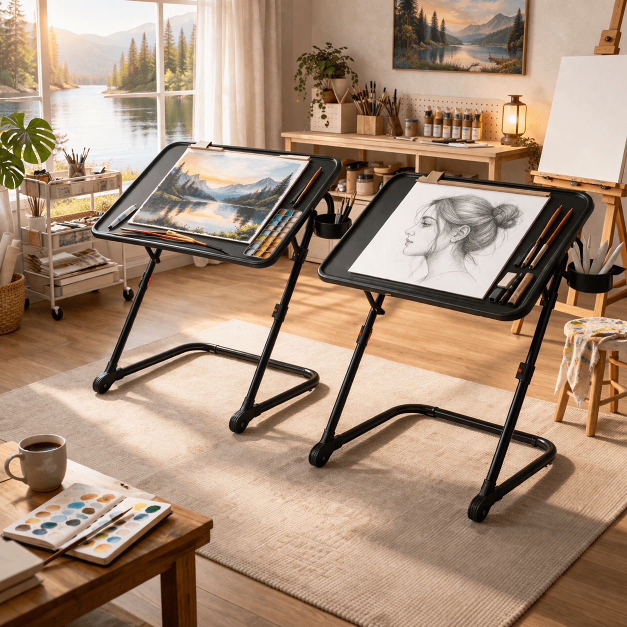 Homy Casa 2-Piece Adjustable Drafting Table Set with Wheels, Foldable Portable Tray Tables with Tilting Desktop, Cup Holder and Locking Casters, Black