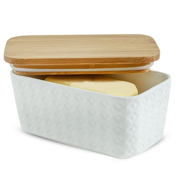 Hasense Butter Dish with Lid for Countertop - Farmhouse Ceramic Butter Dish Holder with Cover for Fridge, Silicone Sealing, White Embossed Pattern, Holds Two Sticks of Butter(White)