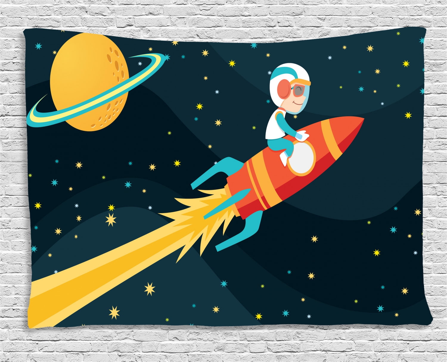 Kids Tapestry, Boy Riding Rocket in Space Fun Childish Journey Exploring Universe Theme, Wall Hanging for Bedroom Living Room Dorm Decor, 60W X 40L Inches, Dark Petrol Blue Yellow, by Ambesonne