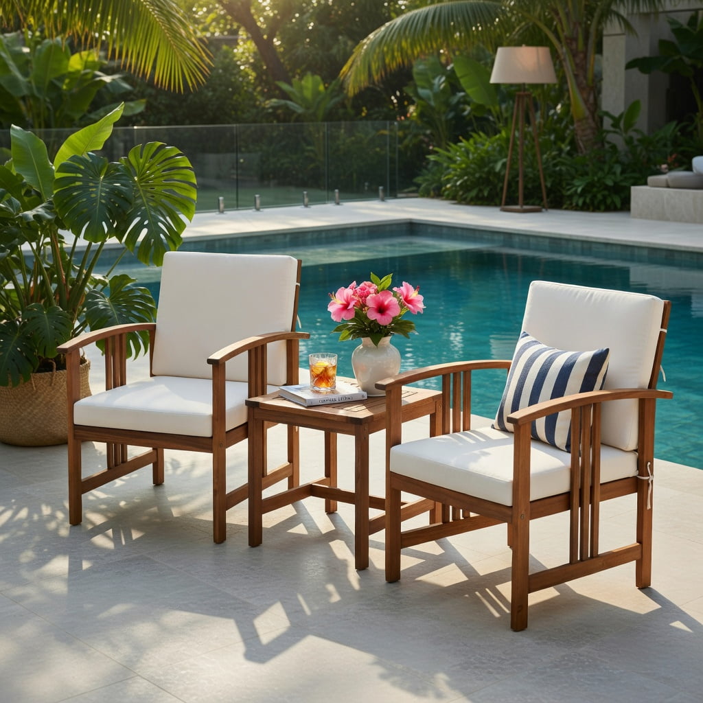 Hommoo 3-Piece Acacia Wood Outdoor Patio Sofa Set, Cushioned Garden Seating for Patio, Poolside & Backyard, White