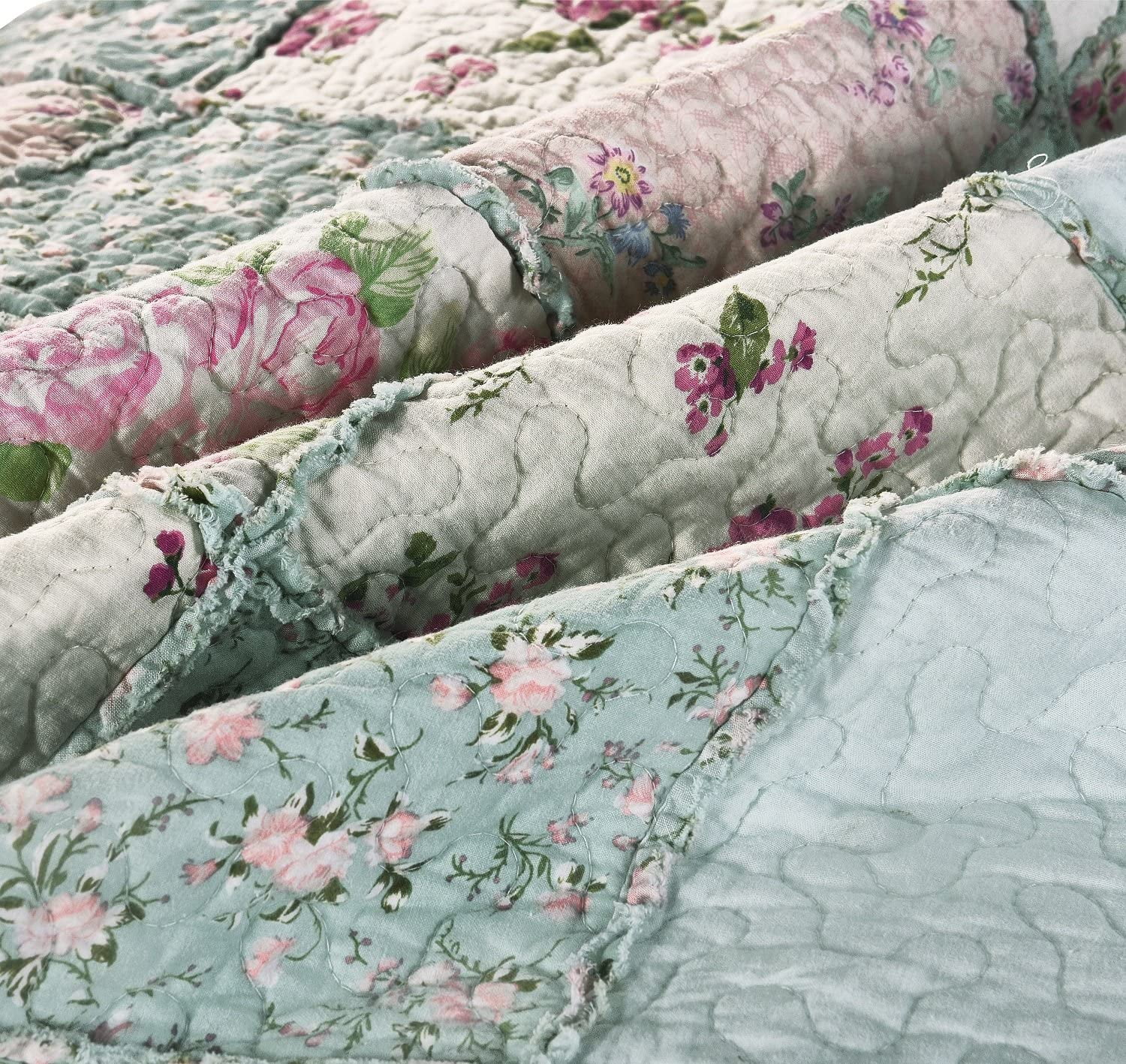 Chezmoi Collection Abbi 1-Piece Garden Floral Multicolor Blue Shabby Chic Throw Vintage Washed Cotton Ruffle Trim Patchwork Throw Blanket